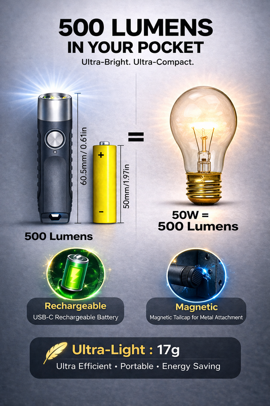 M500 - Pro Mini Flashlight - Tiny 17g - 50watt Bulb Replace - Rechargeable - Magnetic - FREE Shipping